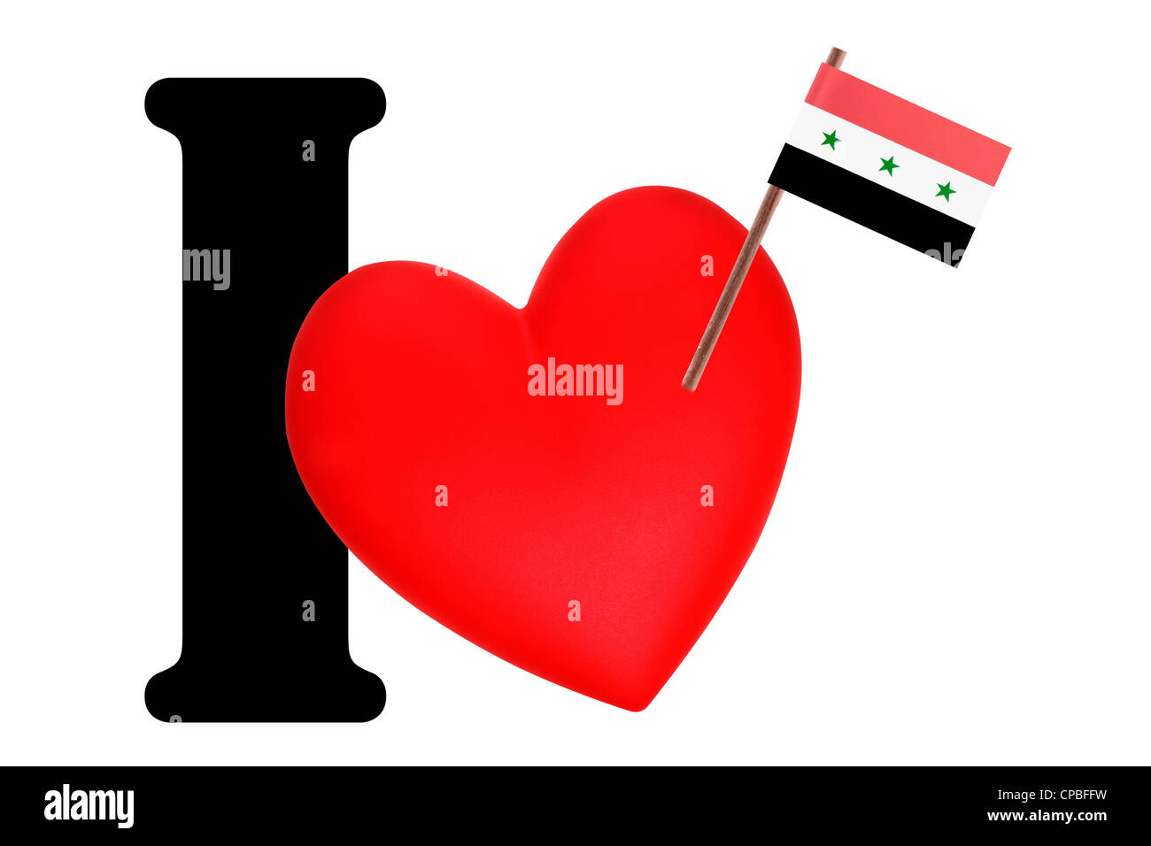 Bandierina su un cuore rosso e la parola che ho per esprimere il proprio amore per la bandiera nazionale dell'Iraq Foto Stock