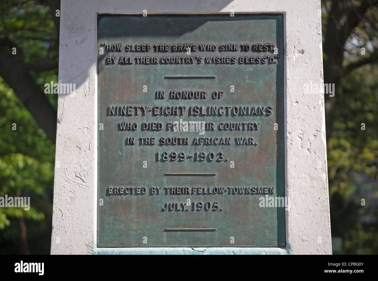 Iscrizione commemorativa persone locali che sono morti nel sud africano o boer, guerra 1899 al 1903, Islington, Londra, Inghilterra Foto Stock