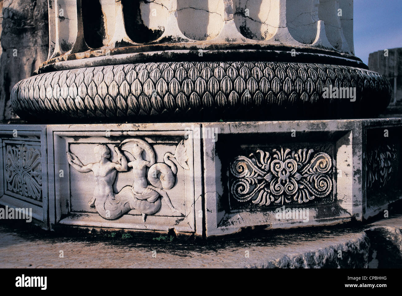 Dettagli su una base a colonna di Apollon tempio, Didymaion Aydın, Turchia Foto Stock