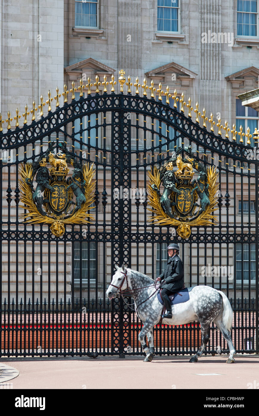 Polizia montata donna alle porte di Buckingham Palace. Londra. In Inghilterra. Foto Stock