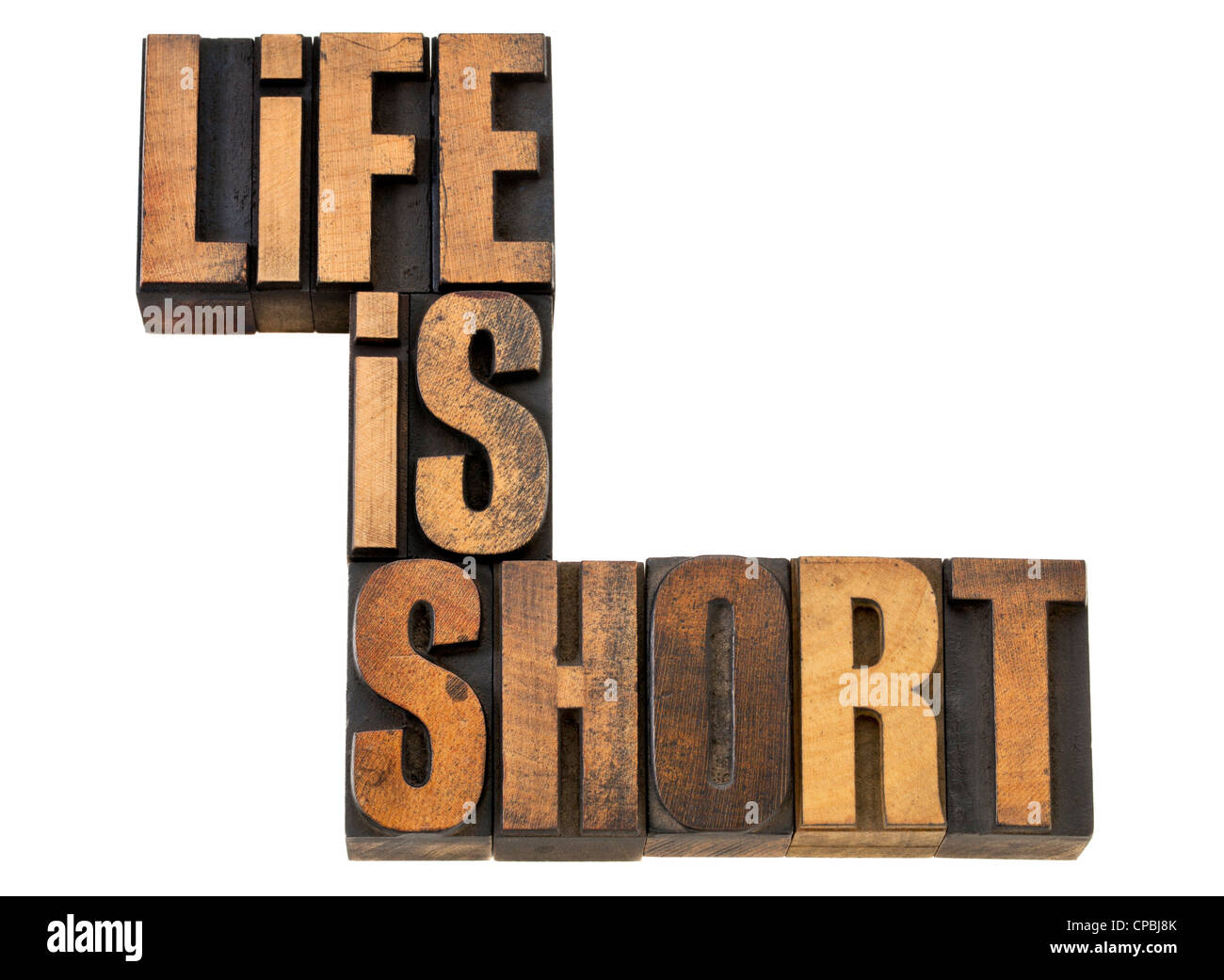 La vita è breve frase saggezza promemoria - testo isolato in rilievografia vintage tipo legno Foto Stock