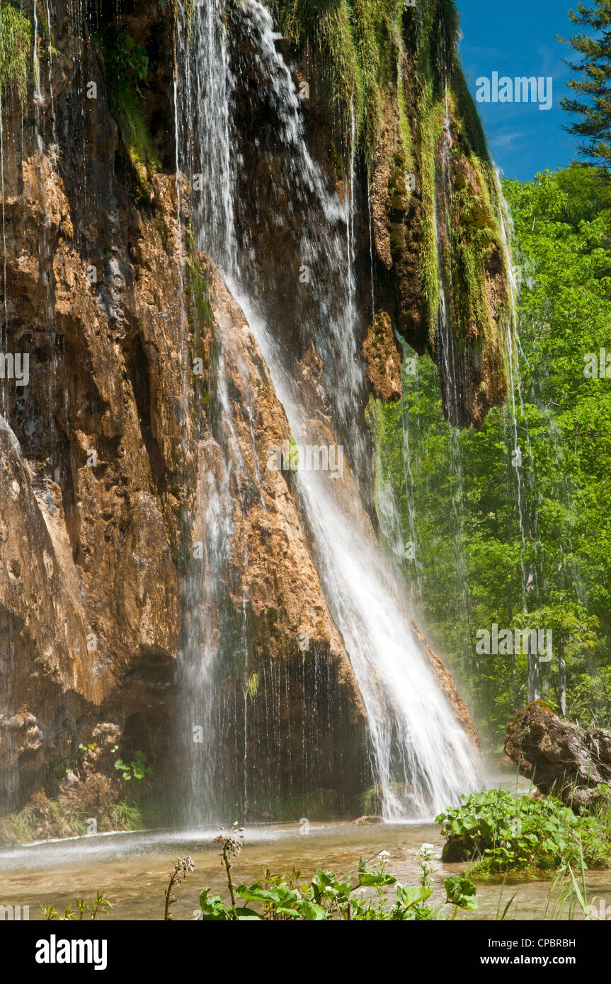 La cascata nel Parco Nazionale di Plitvice, un sito Patrimonio Mondiale dell'UNESCO in Croazia Foto Stock