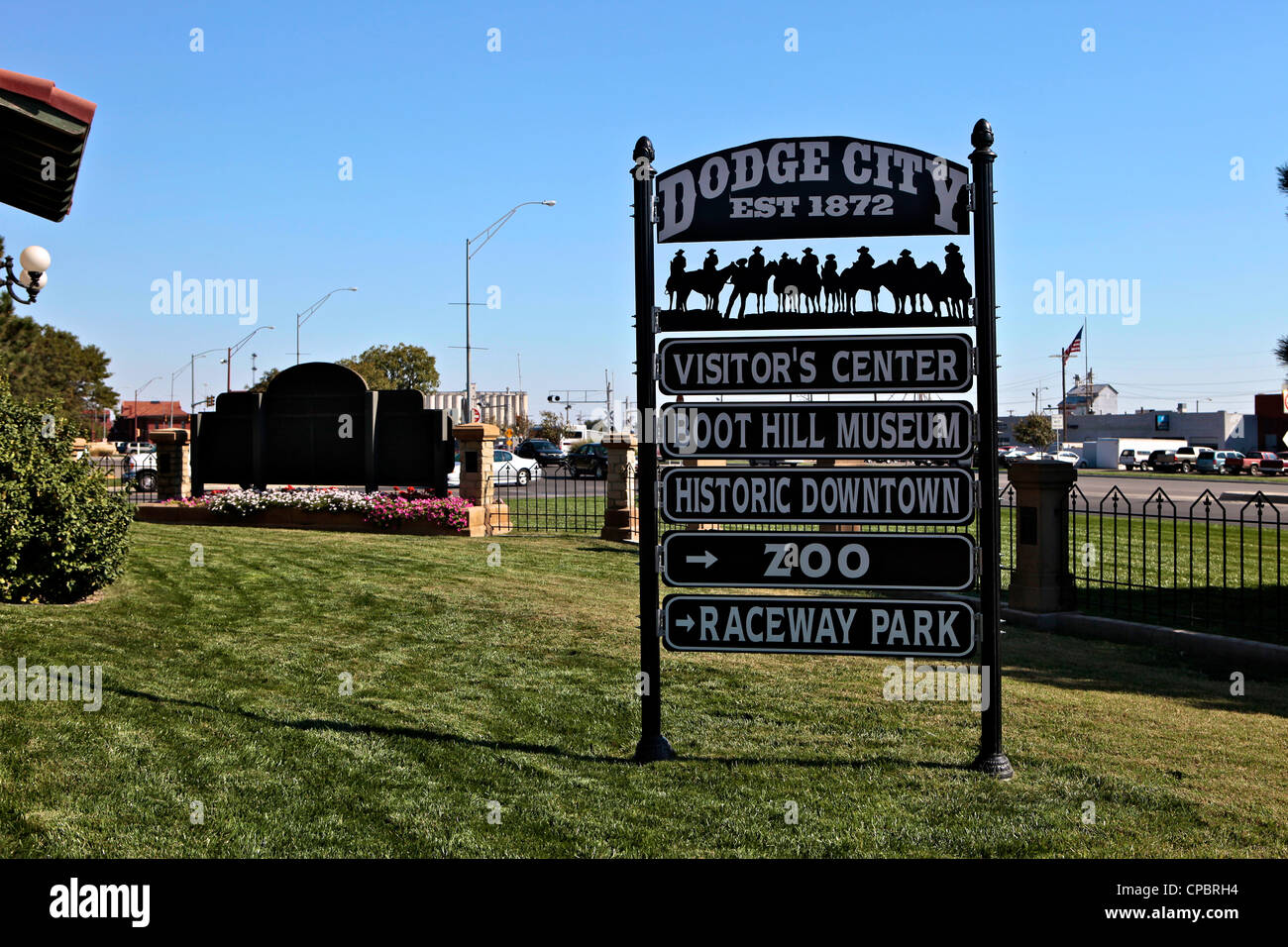 Dodge City segno, città di frontiera del vecchio West, Kansas, STATI UNITI D'AMERICA Foto Stock