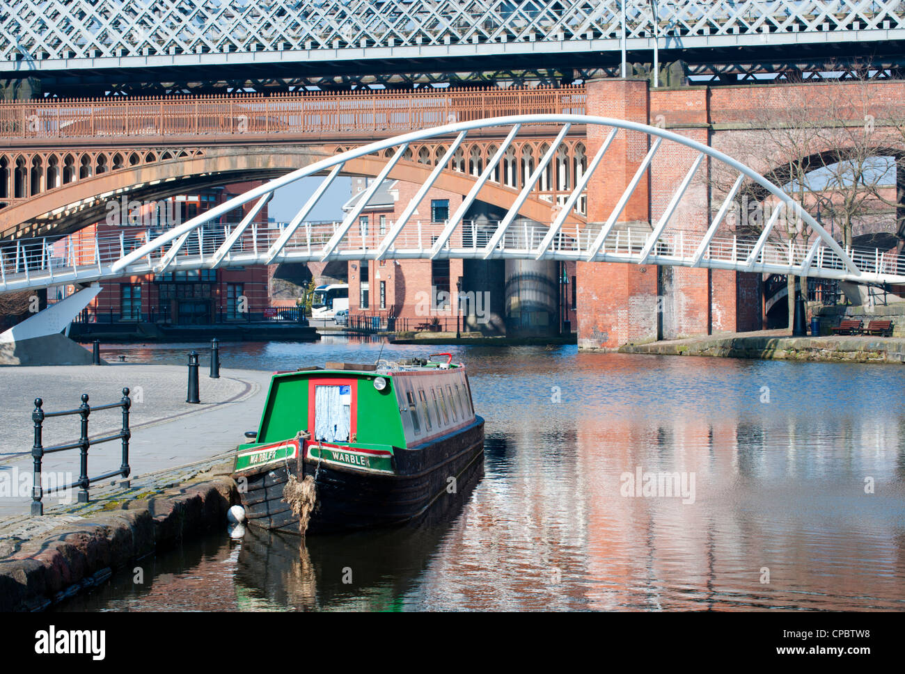 Ponte di mercanti in Castlefield & la Bridgewater Canal, Manchester, Inghilterra, Regno Unito Foto Stock