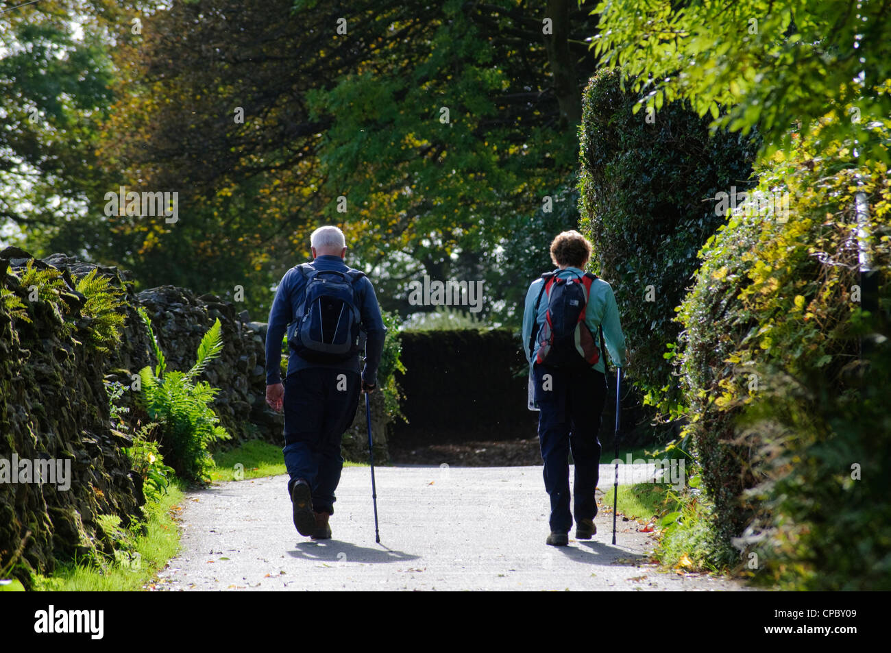Walkers su Wood Lane, Troutbeck, Lake District Foto Stock