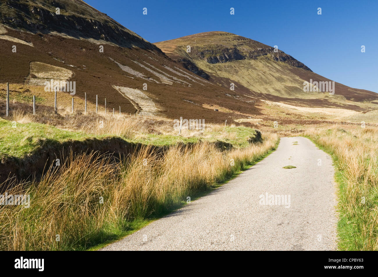 La singola traccia strada in Glen Loth, Est Sutherland, Scozia Foto Stock