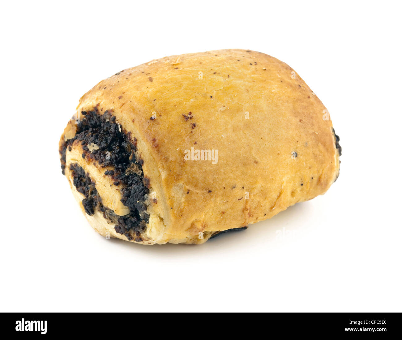Una forma di pane con un papavero è isolato su bianco Foto Stock