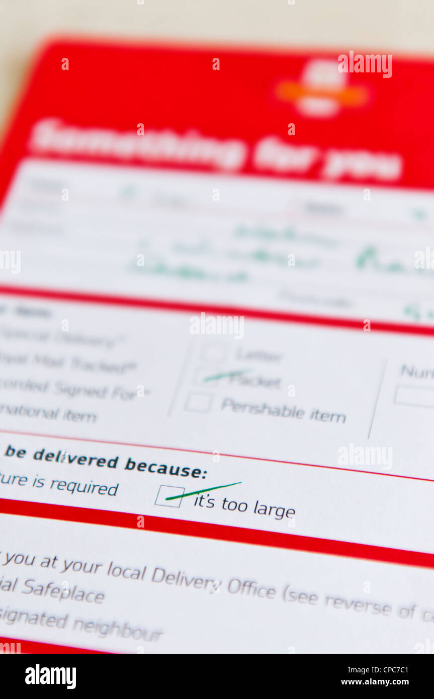 Royal Mail cartellino rosso per la mancata consegna della posta, REGNO UNITO Foto Stock