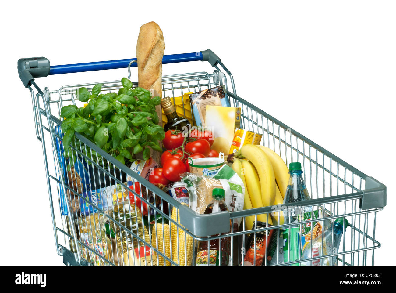 Carrello con il cibo, isolata su uno sfondo bianco. Foto Stock