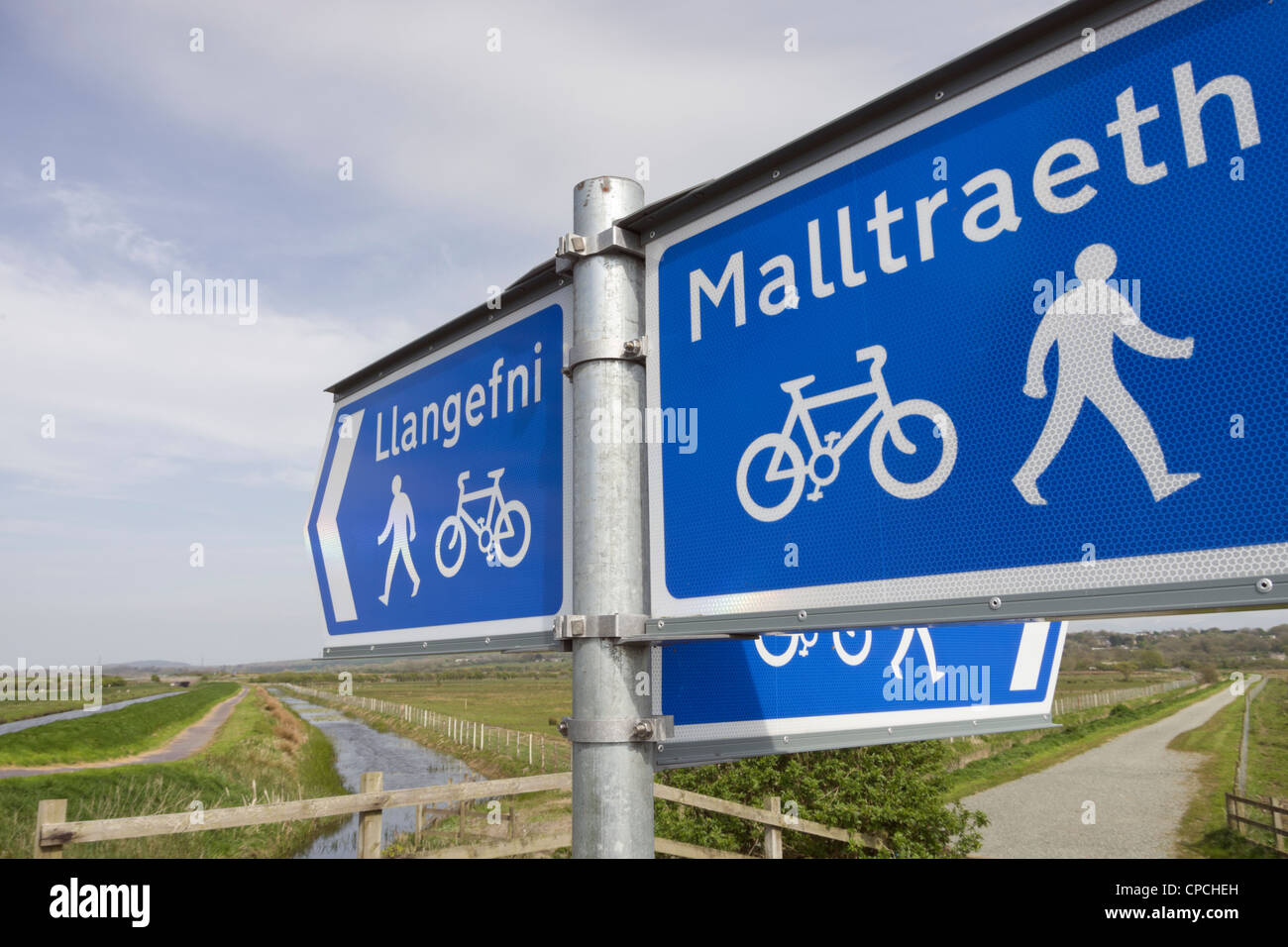 Pista ciclabile Llangefni a Malltraeth Sustrans 8 e segnaletica per il sentiero pedonale sulla pista ciclabile Lôn Las Cefni. Isola di Anglesey Galles Gran Bretagna Foto Stock