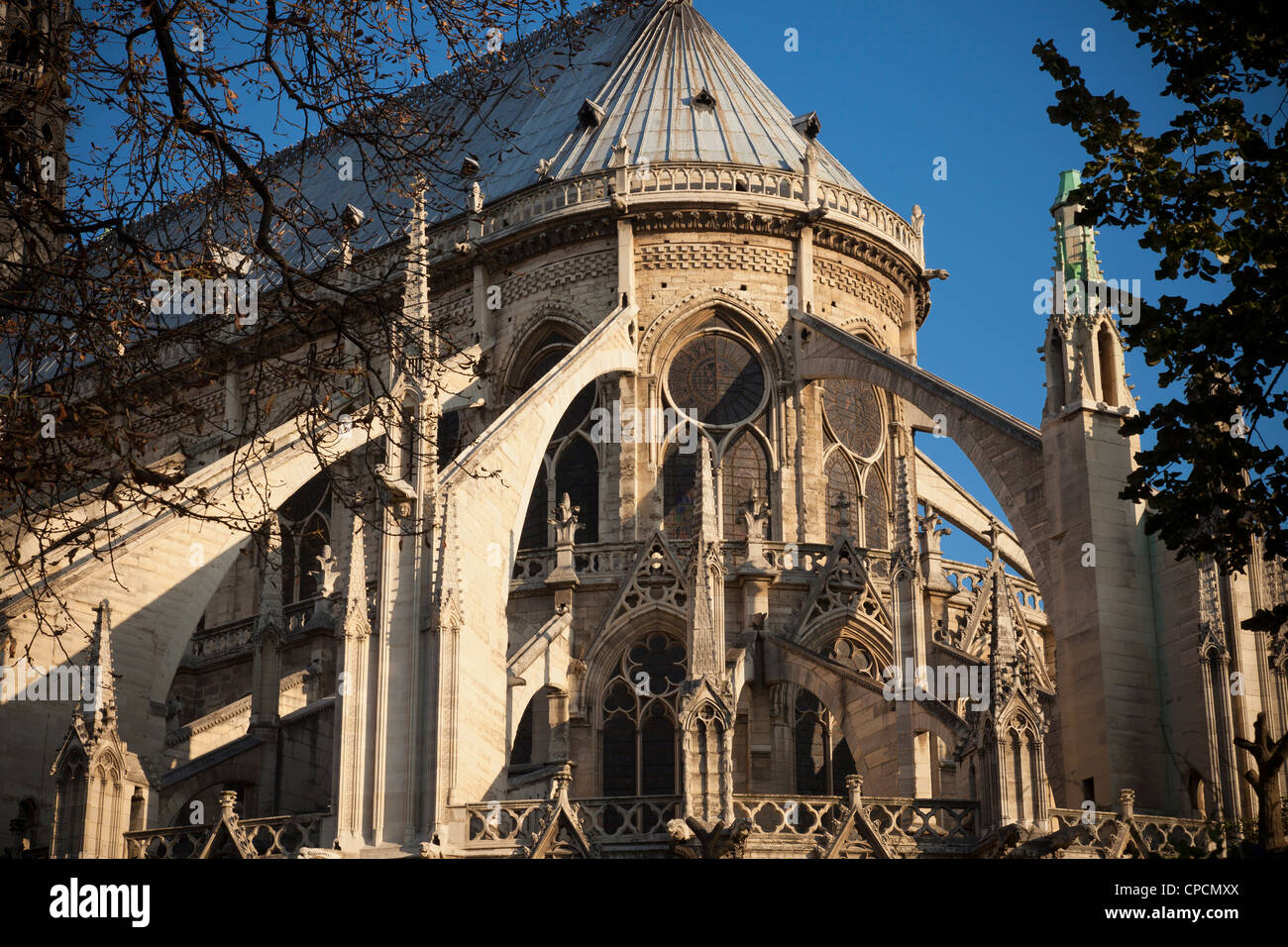 Archi rampanti della cattedrale di Notre Dame. Parigi, Francia. Foto Stock