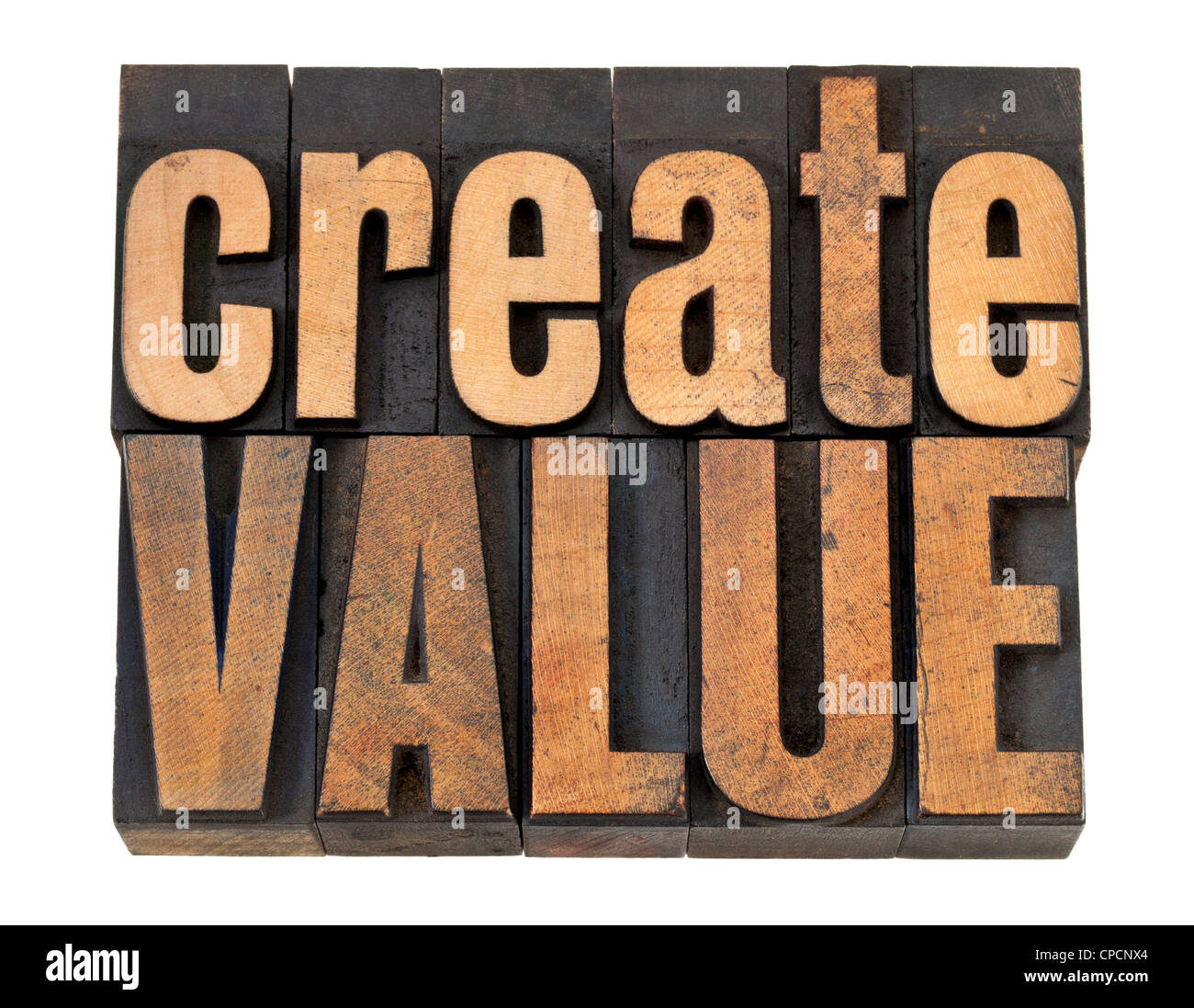 Creare valore - ispirazione concetto - parole isolate in rilievografia vintage tipo legno Foto Stock
