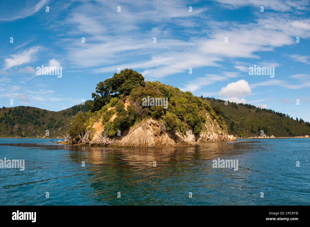 Nuova Zelanda Isola del Sud, Picton paesaggio panoramico in Marlborough Sounds. Foto Stock