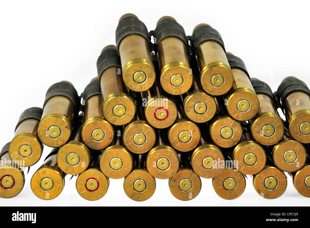 M2 Browning 0,50 Caliber machine gun cartucce in munizioni nastro realizzato da FN Herstal fabbrica d'armi in Belgio Foto Stock