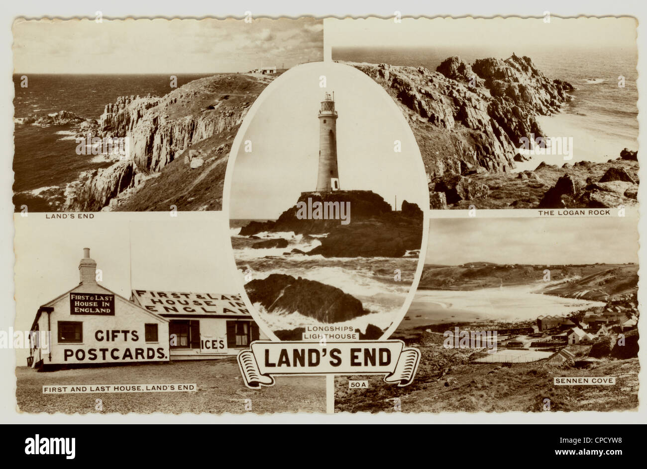 Multi-view multiview cartolina ricordo con foto B&W di Land's End, Cornwall, U.K. degli anni '30 Foto Stock