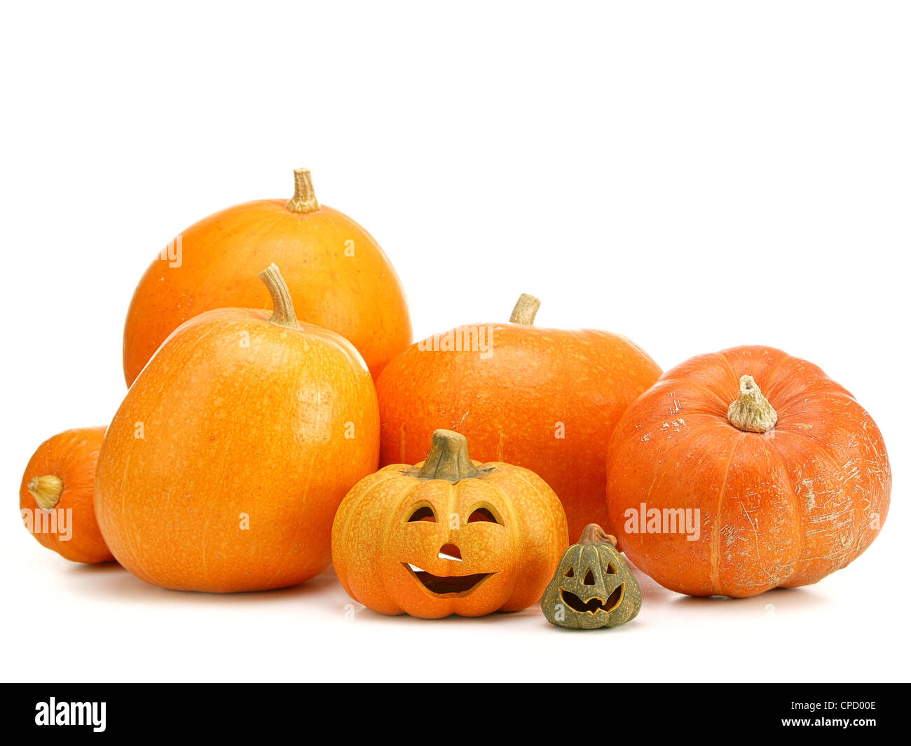 Jack-o-lantern zucche shot su sfondo bianco Foto Stock