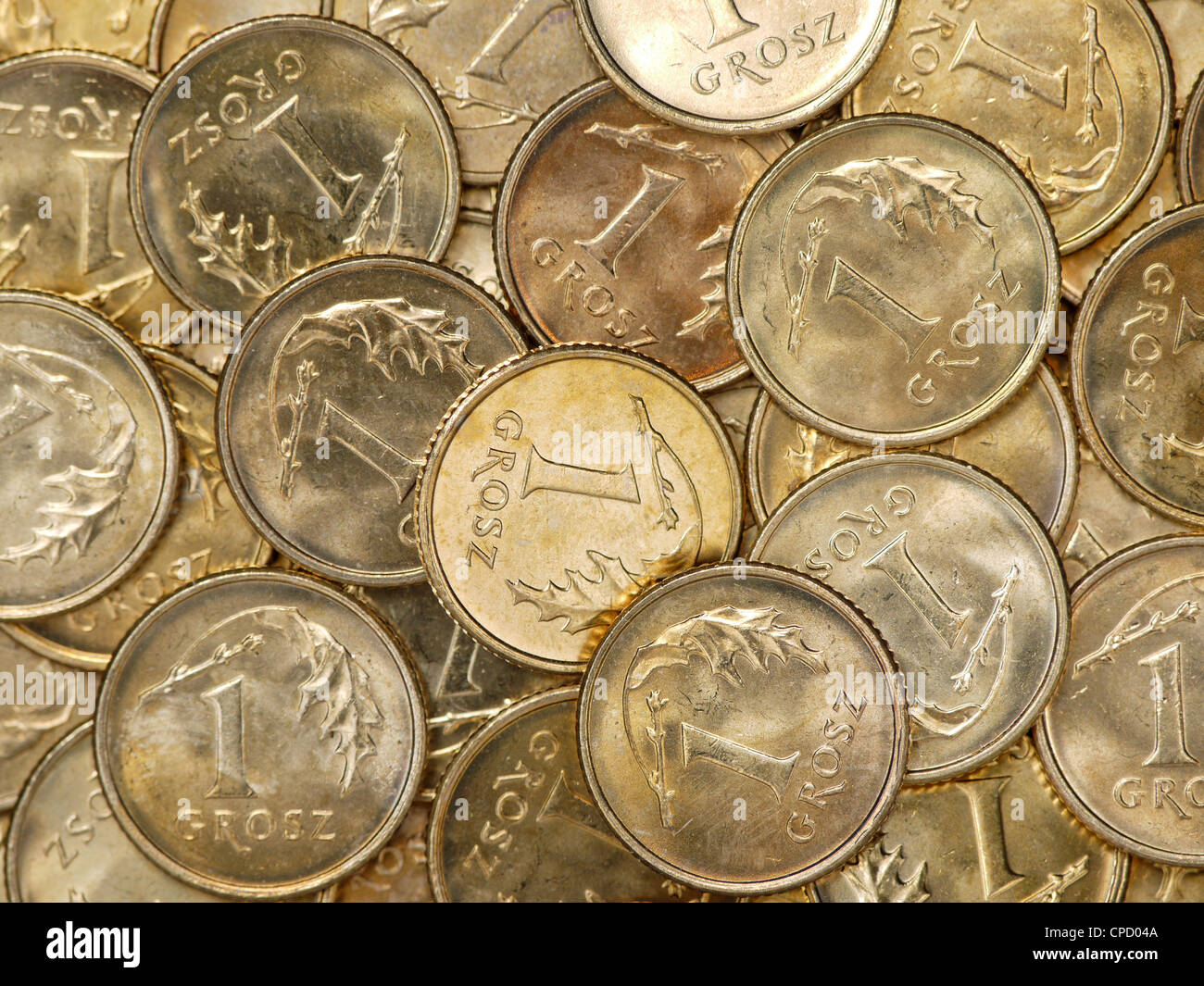 Pila di uno polacco grosz monete Foto Stock