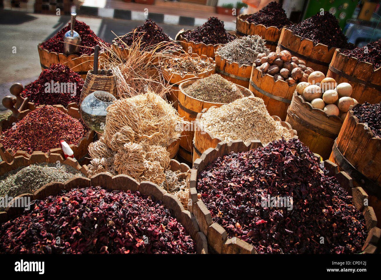 Visualizzazione di spezie ed erbe nel mercato, Sharm El Sheikh, Egitto, Africa Settentrionale, Africa Foto Stock