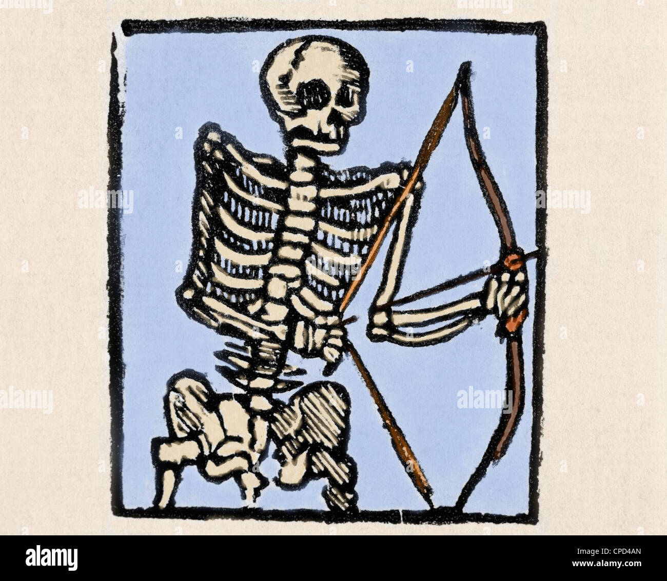 La morte raffigurata con un arco e frecce. Incisione colorata. Foto Stock