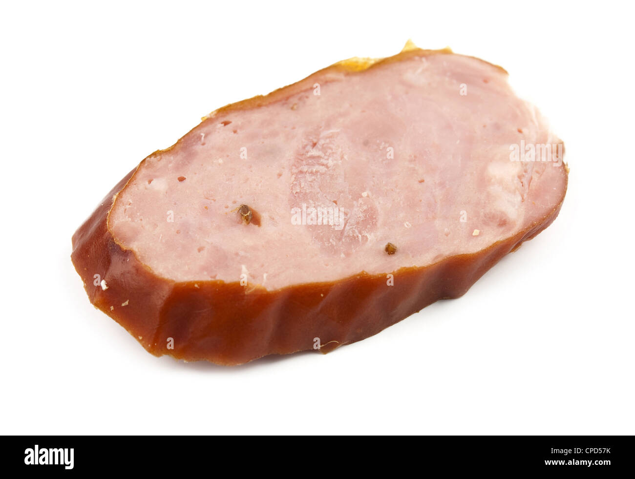 Appetitoso pezzo di salsiccia affumicata Foto Stock