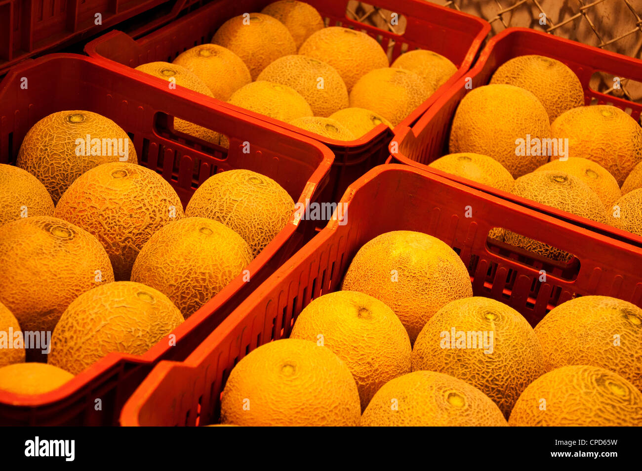 Meloni, mercato, ceste, quattro, ordine di vendita, acquisto, frutta, Colombia, Corabastos, insalata, succo. Foto Stock