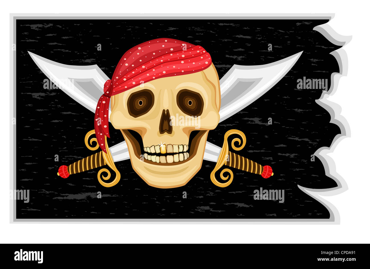 Il Jolly Roger - Pirate bandiera nera con teschio umano, dente d oro e spade incrociate Foto Stock