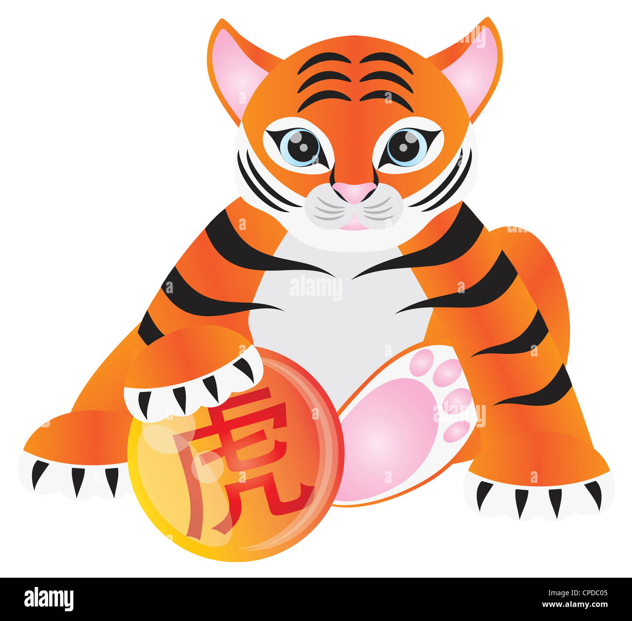 Tiger Cub seduta tenendo la palla con il testo cinese Tiger illustrazione simbolo isolato su sfondo bianco Foto Stock