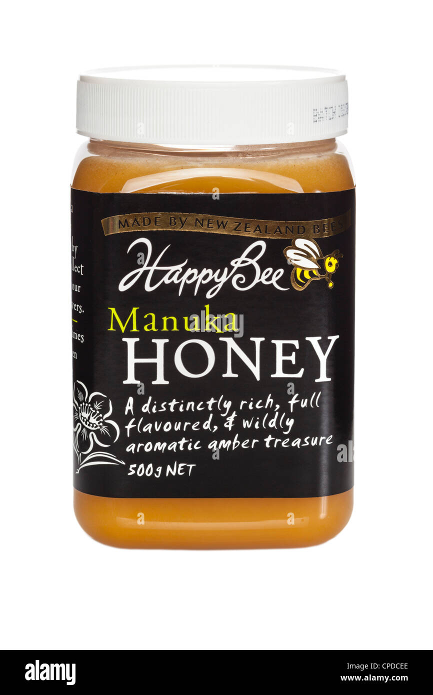 Un vasetto di Nuova Zelanda Happy Bee Manuka Honey, famosa per le sue proprietà antibatteriche. Foto Stock