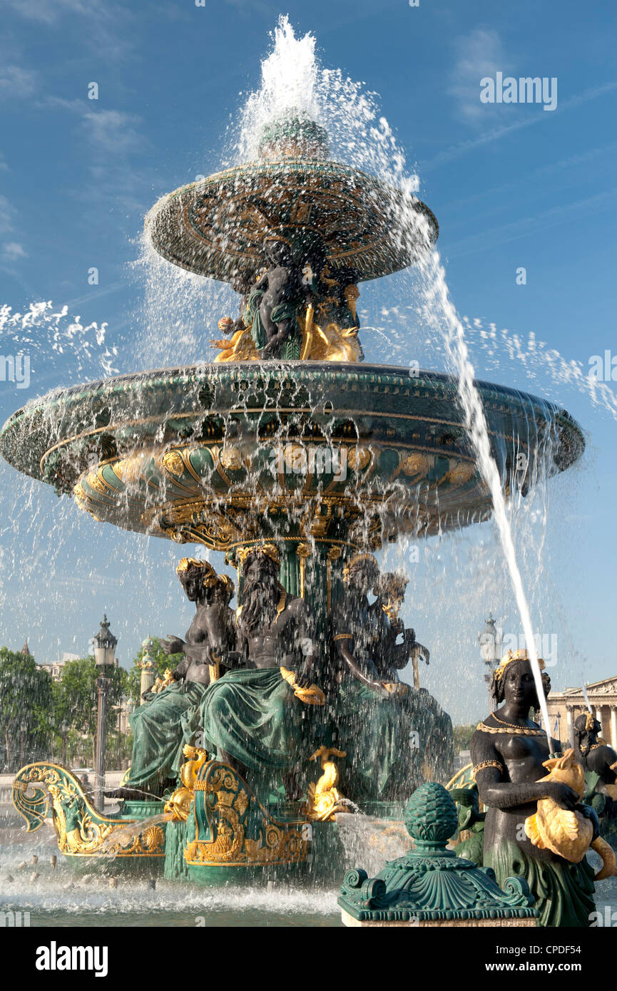 Fontana a Place de la Concorde, Paris, Francia, Europa Foto Stock