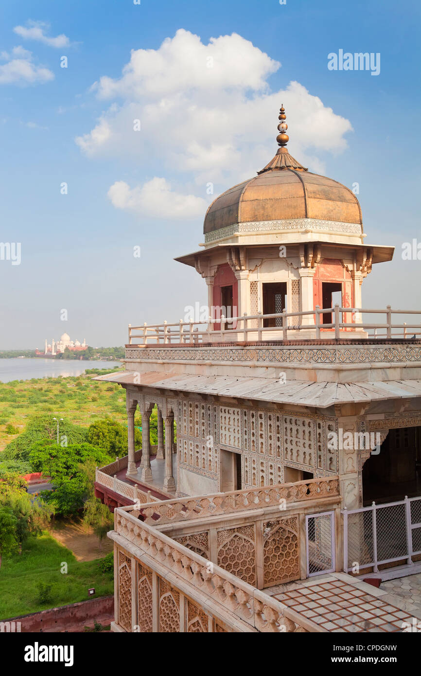 Taj Mahal, Sito Patrimonio Mondiale dell'UNESCO, attraverso la Jumna (Yamuna) del fiume dal Red Fort, Agra, nello stato di Uttar Pradesh, India, Asia Foto Stock