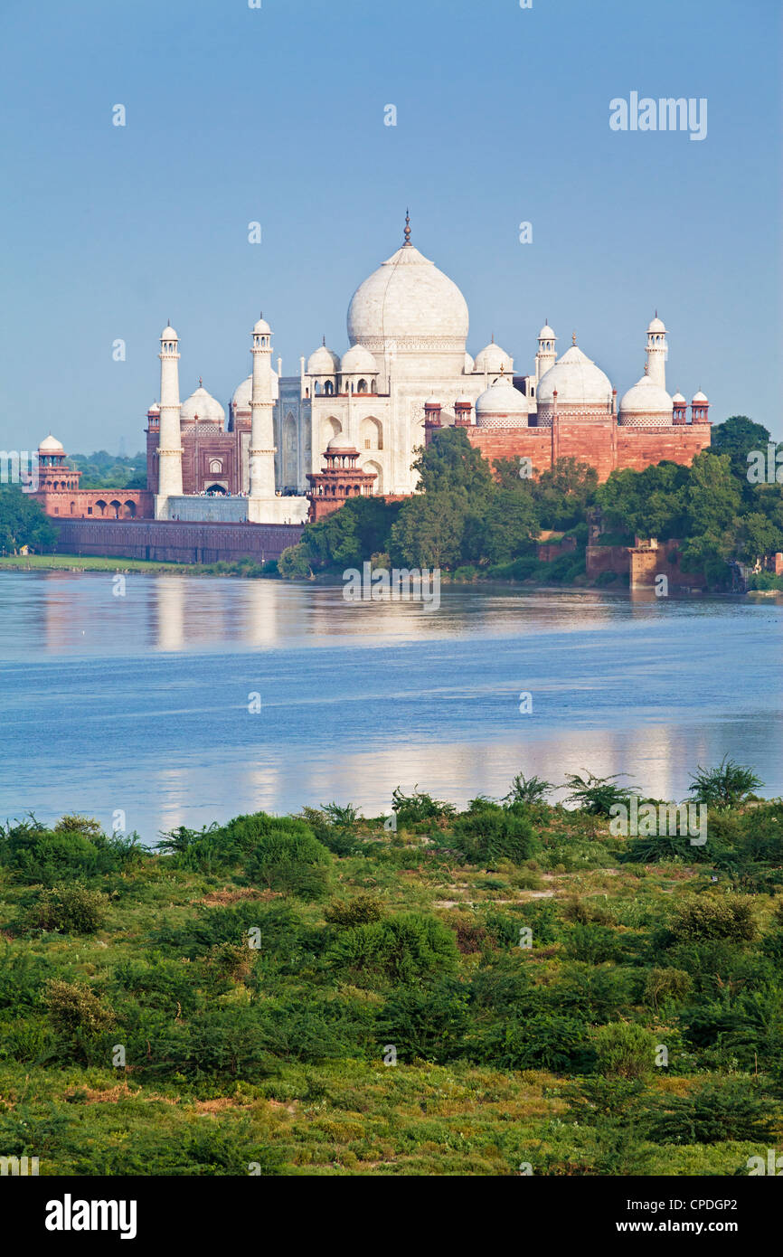 Taj Mahal, Sito Patrimonio Mondiale dell'UNESCO, attraverso la Jumna Yamuna (Fiume), Agra, nello stato di Uttar Pradesh, India, Asia Foto Stock