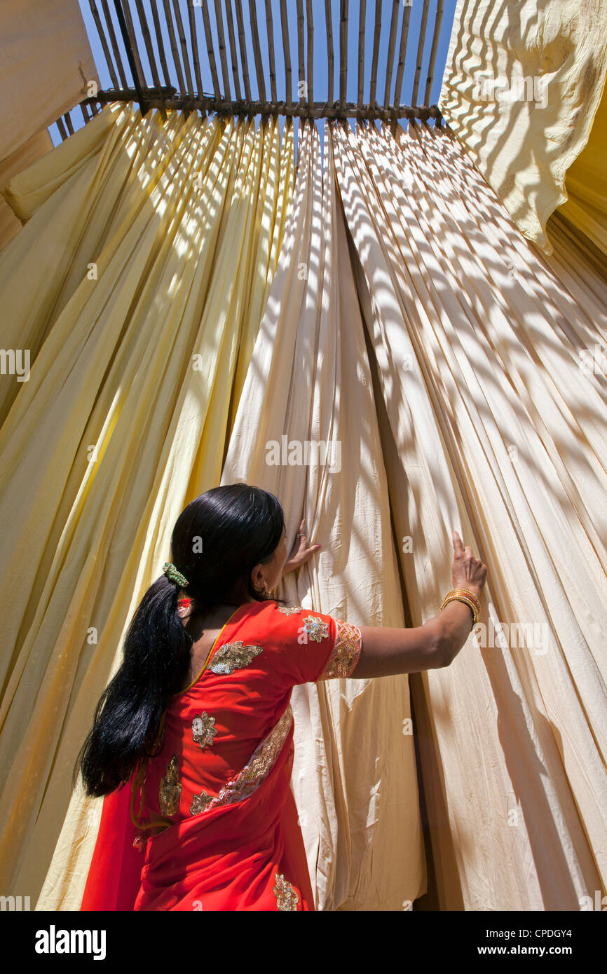 Donna in sari per controllare la qualità di fresco tessuto tinto appesi ad asciugare, Sari fabbrica di indumento, Rajasthan, India, Asia Foto Stock