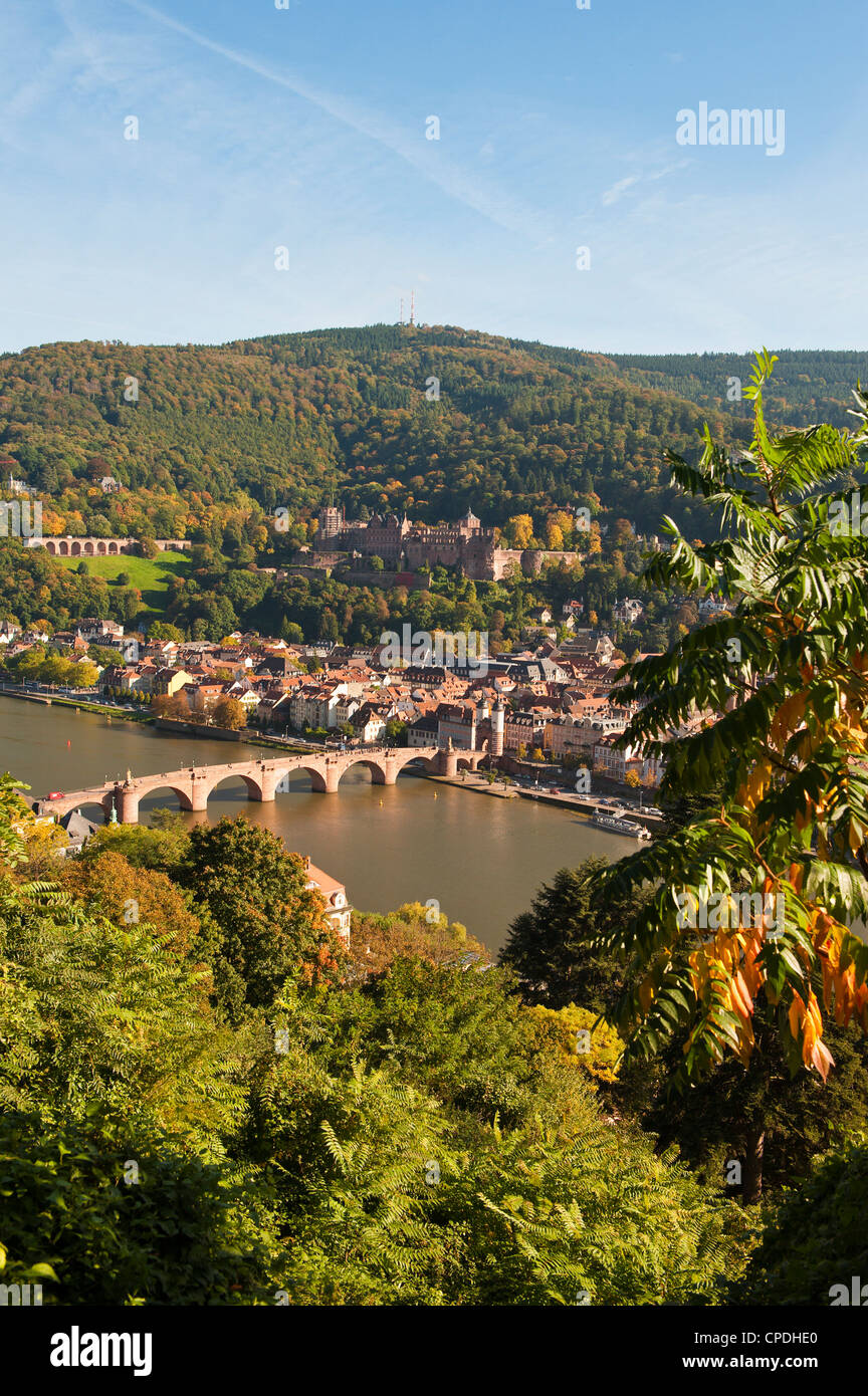 Vista delle Alte Brucke (ponte vecchio), Heidelberg, Baden-Württemberg, Germania Foto Stock