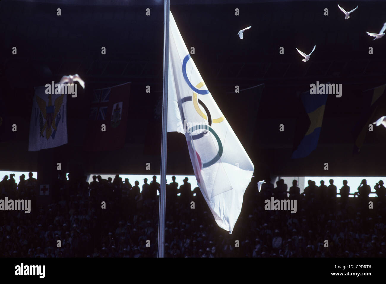 Bandiera olimpica al 1988 Olimpiadi estive di Seoul, Corea. Foto Stock