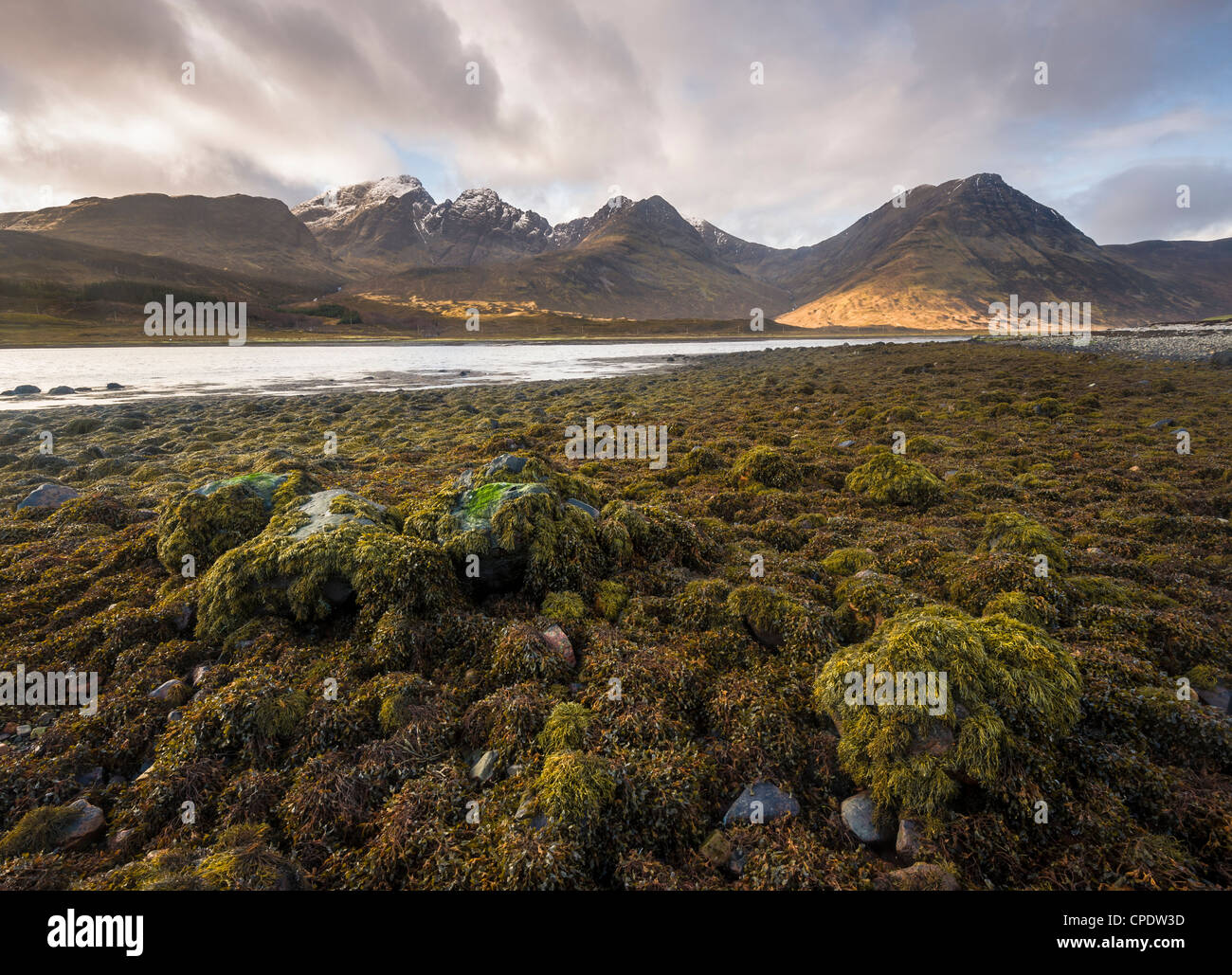 Inverno alba Bla Bheinn e Loch Slapin, Isola di Skye, Ebridi Interne, Highlands, Scotland, Regno Unito Foto Stock