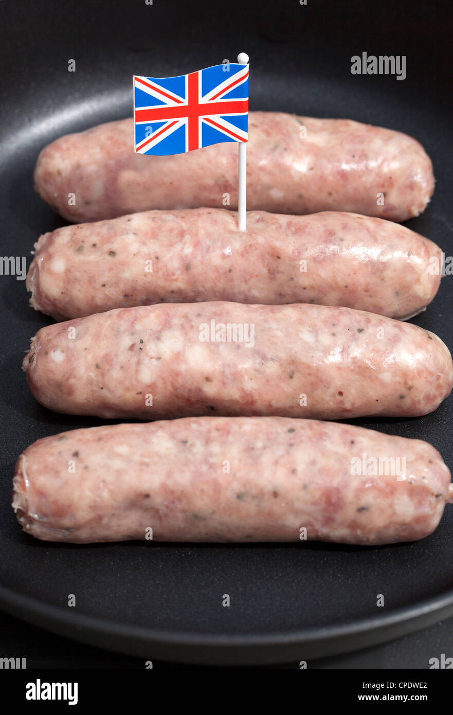 British tradizionale salsiccia di maiale con Union Jack Flag Foto Stock
