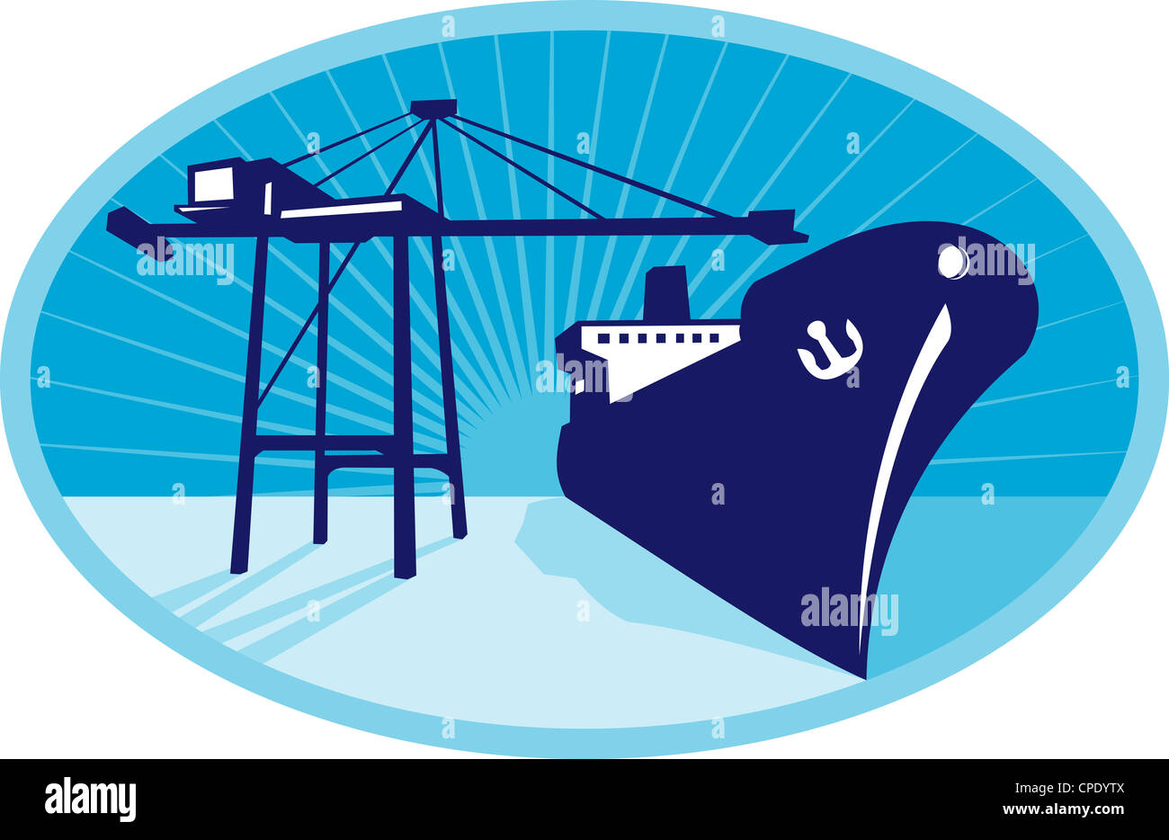 Illustrazione di un contenitore di gru a braccio il carico di una nave barca peschereccio nel Dock impostata all'interno di ellisse fatto in stile retrò. Foto Stock