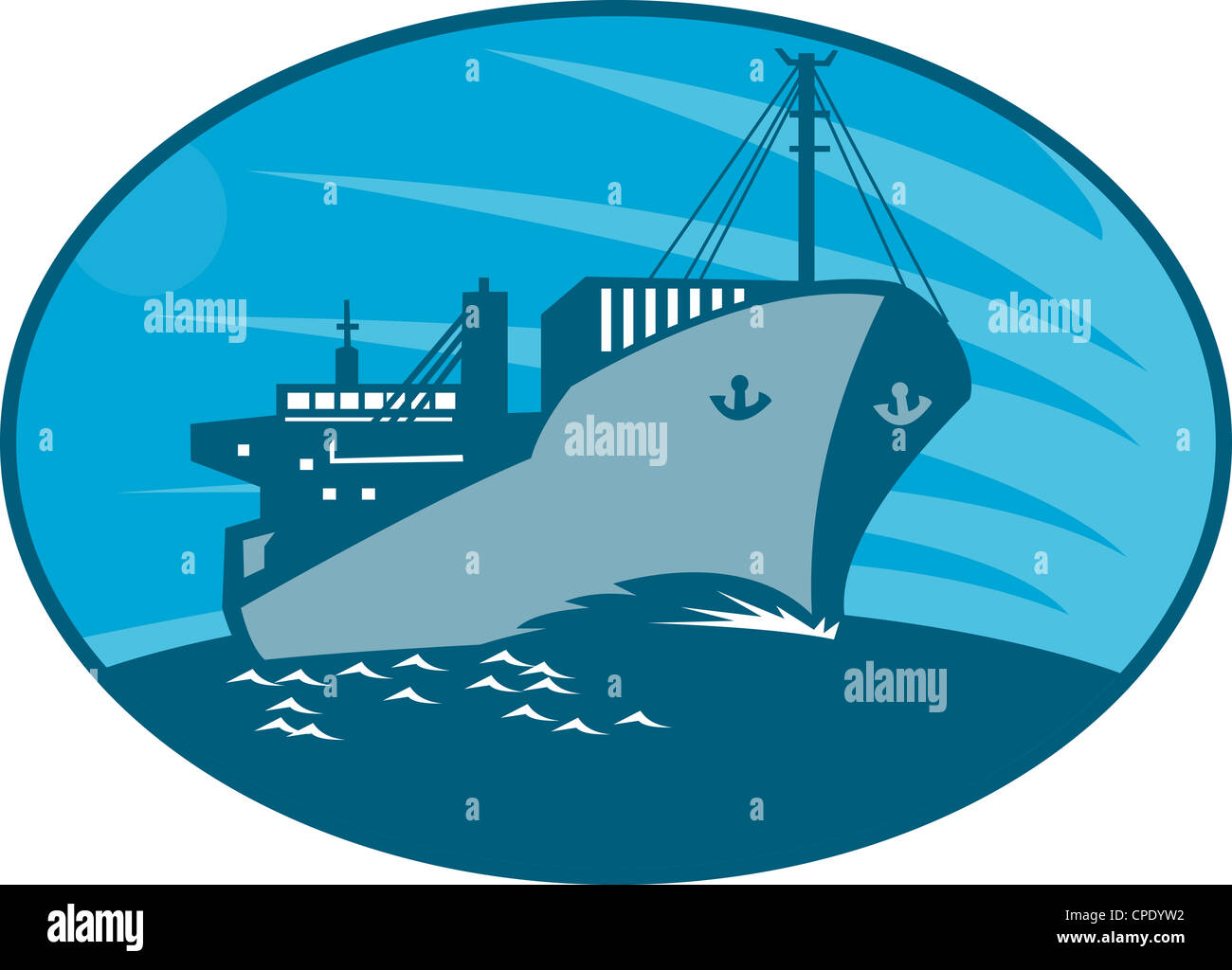 Illustrazione di un contenitore di carico della nave cargo vela sul mare fatto in stile retrò imposta all'interno di ellisse. Foto Stock