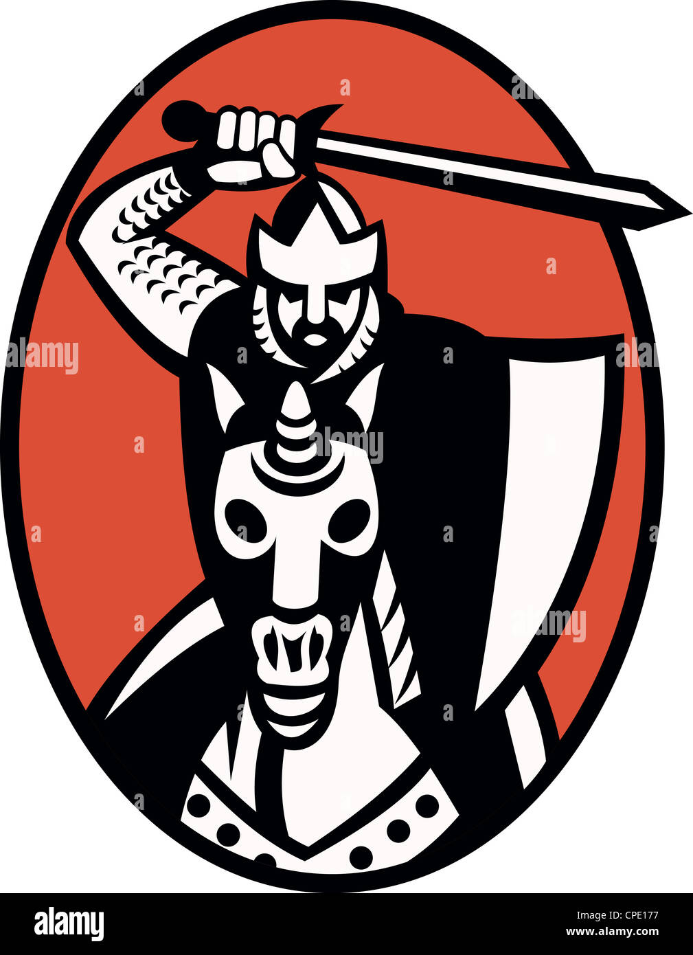 Illustrazione di un cavaliere templare crociato con spada e scudo di equitazione cavallo corazzato rivolto verso la parte anteriore imposta all'interno di ellisse. Foto Stock