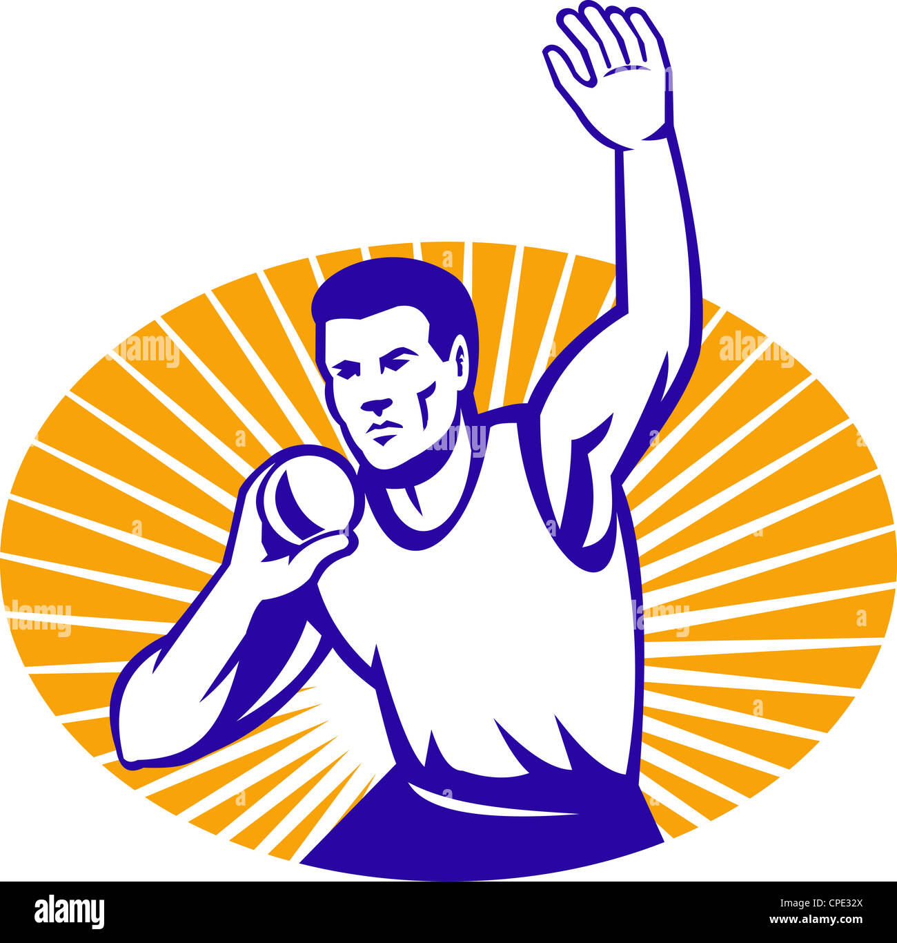 Illustrazione di un atleta colpo messo buttare gettando gettare visto dal lato anteriore fatto in stile retrò all'interno di ellisse con sunburst. Foto Stock