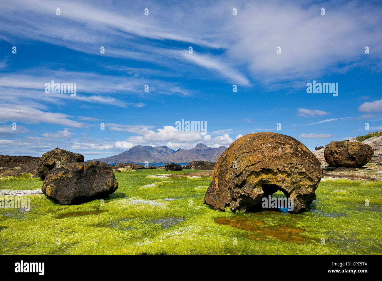 Giganteschi massi erratici su un letto di alghe marine sulla isola di Eigg, Ebridi Interne, Scotland, Regno Unito, Europa Foto Stock