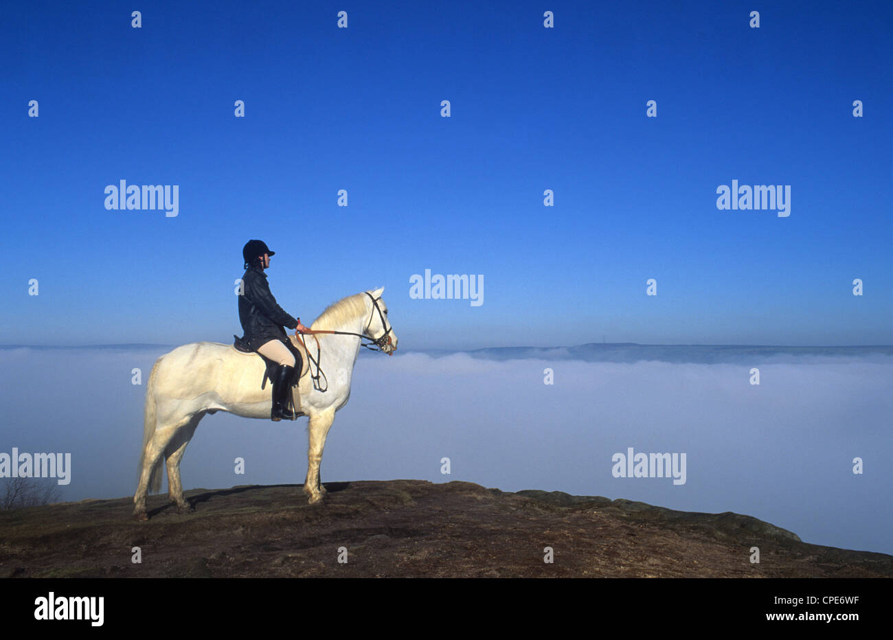 Signora cavallo e guardare fuori sul early morning mist da otley chevin Yorkshire Dales Regno Unito Foto Stock