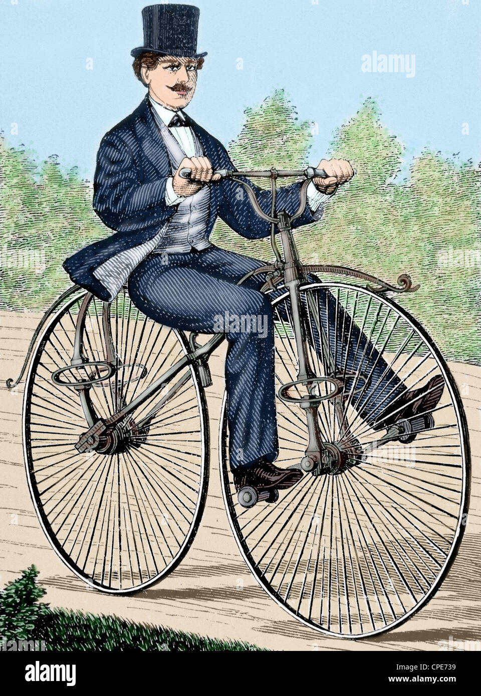 Stati Uniti d'America. Vecchia bicicletta. Xix secolo incisione. Colorati. Foto Stock