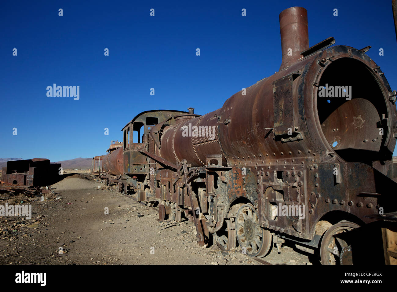 Arrugginimento locomotore in treno cimitero, Uyuni, Bolivia, Sud America Foto Stock