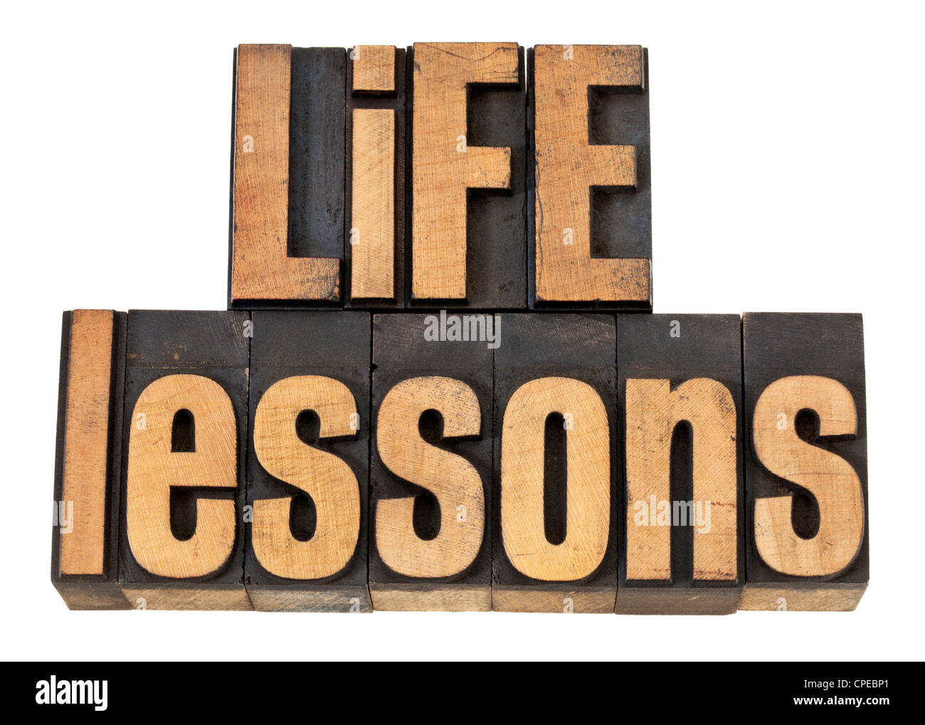 Lezioni di vita - Concetto di esperienza - testo isolato in rilievografia vintage tipo legno Foto Stock
