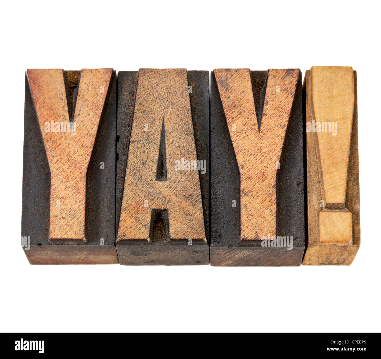 Yay esclamazione - APPROVAZIONE, congratulazioni, o il concetto di trionfo - testo isolato in rilievografia vintage tipo legno Foto Stock
