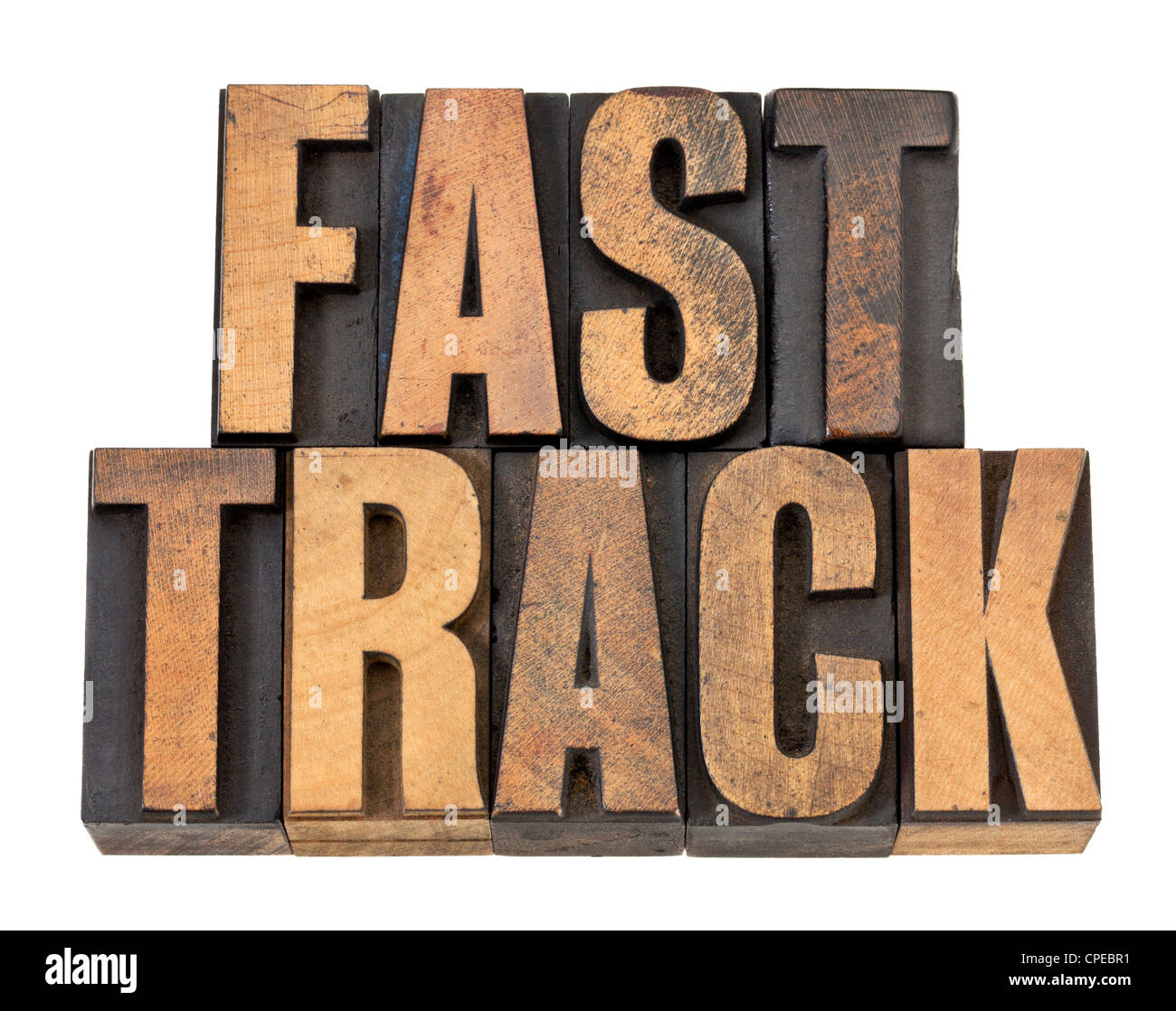Fast track - nozione di carriera - testo isolato in rilievografia vintage tipo legno Foto Stock