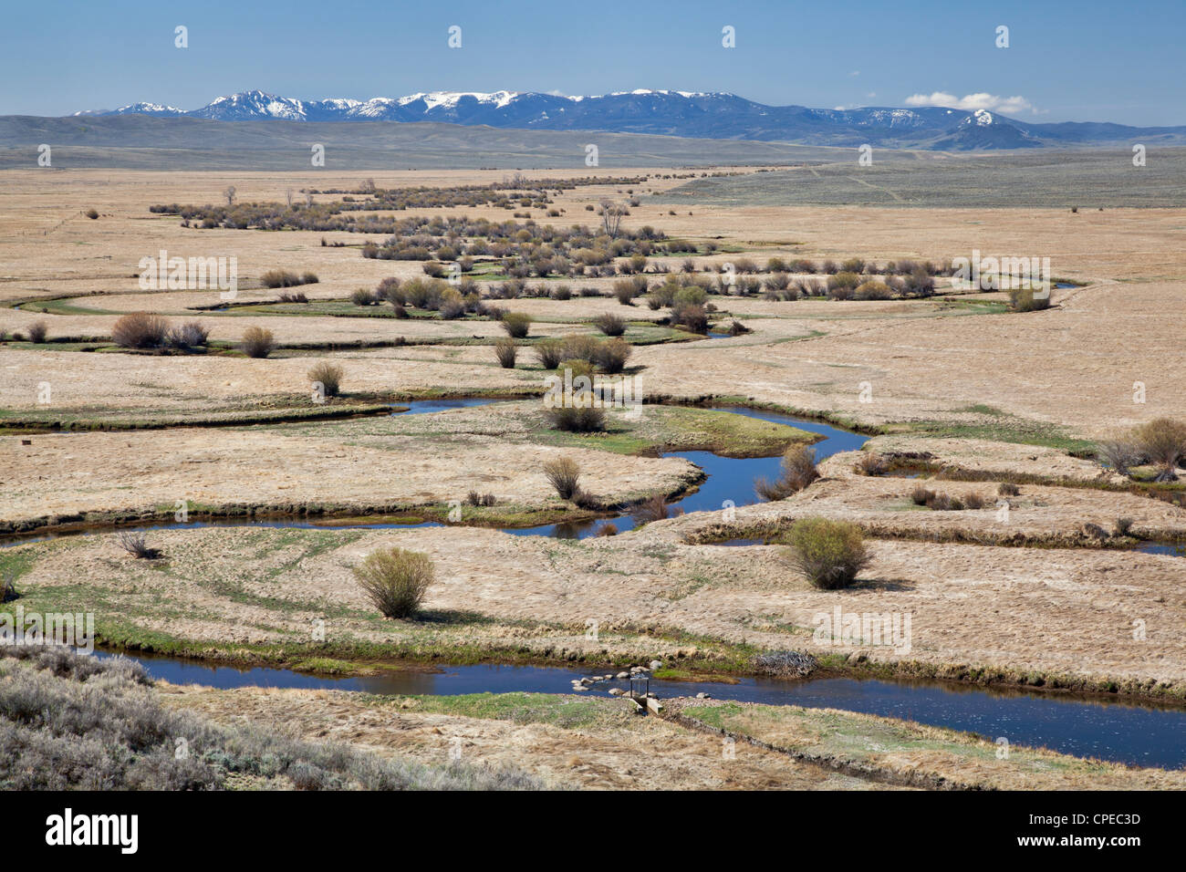 Illinois meandri fluviali attraverso Arapaho National Wildlife Refuge, North Park vicino a Walden, Colorado Foto Stock