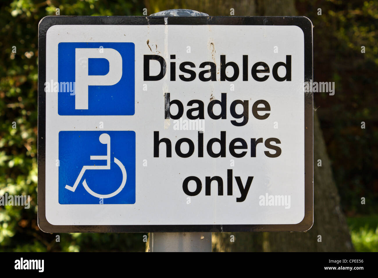 Close up di un segno in un parcheggio bay, avvisi di piloti che la baia è limitata per l'utilizzo di piloti disabili soltanto. Foto Stock