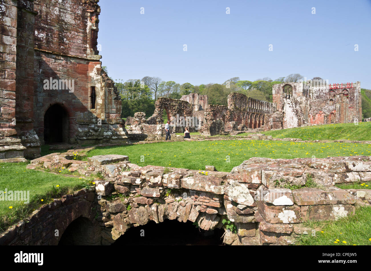 Vista di Furness Abbey rovine Barrow in Furness a inizio estate con cielo blu Foto Stock